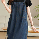 Casual Denim Dress with Faux Two-Piece Design