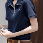 Casual Polo Shirt with Contrast Trim and Embroidery - liwisi