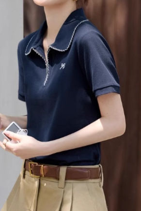 Casual Polo Shirt with Contrast Trim and Embroidery - liwisi