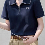 Casual Polo Shirt with Contrast Trim and Embroidery - liwisi
