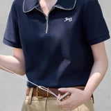 Casual Polo Shirt with Contrast Trim and Embroidery - liwisi