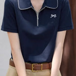 Casual Polo Shirt with Contrast Trim and Embroidery - liwisi