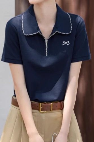 Casual Polo Shirt with Contrast Trim and Embroidery - liwisi