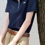 Casual Polo Shirt with Contrast Trim and Embroidery - liwisi