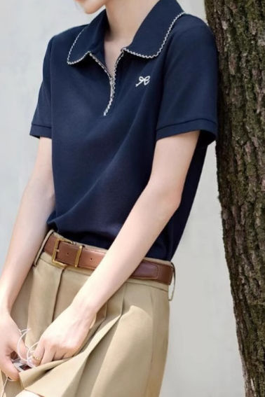 Casual Polo Shirt with Contrast Trim and Embroidery - liwisi
