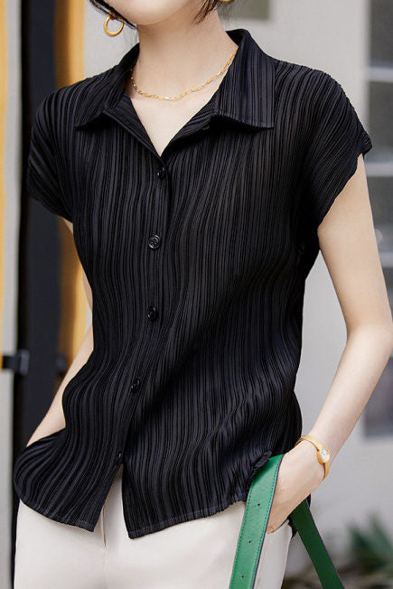 Trendy Pleated Short-Sleeve Polo Shirt - liwisi