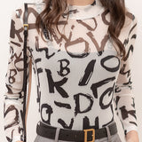 Mock Neck Sheer Letter Print Base Layer T-Shirt