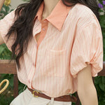 French retro striped short-sleeve blouse - liwisi