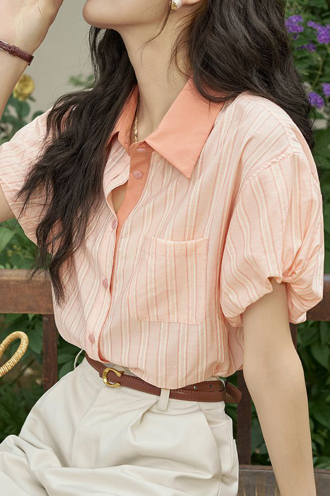 French retro striped short-sleeve blouse - liwisi