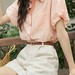 French retro striped short-sleeve blouse - liwisi