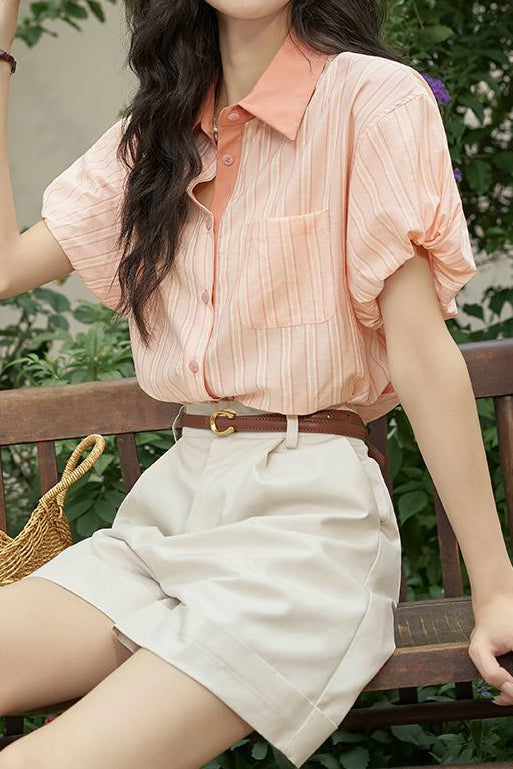 French retro striped short-sleeve blouse - liwisi