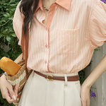 French retro striped short-sleeve blouse - liwisi