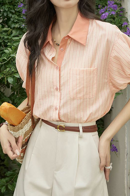 French retro striped short-sleeve blouse - liwisi