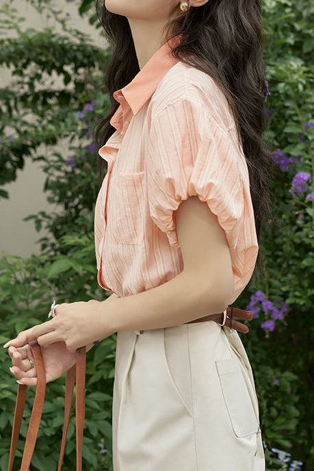 French retro striped short-sleeve blouse - liwisi