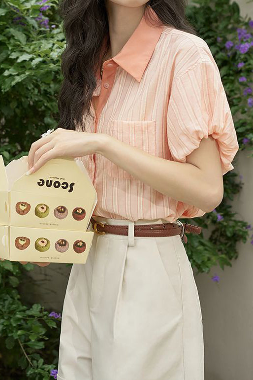 French retro striped short-sleeve blouse - liwisi