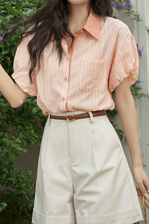 French retro striped short-sleeve blouse - liwisi