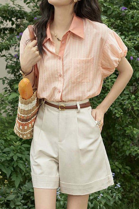 French retro striped short-sleeve blouse - liwisi