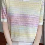 Casual gradient color-block striped short-sleeve knit top - liwisi