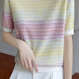 Casual gradient color-block striped short-sleeve knit top - liwisi
