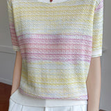 Casual gradient color-block striped short-sleeve knit top - liwisi