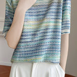 Casual gradient color-block striped short-sleeve knit top - liwisi
