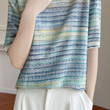 Casual gradient color-block striped short-sleeve knit top - liwisi