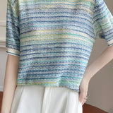 Casual gradient color-block striped short-sleeve knit top - liwisi
