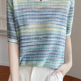 Casual gradient color-block striped short-sleeve knit top - liwisi