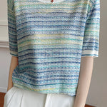 Casual gradient color-block striped short-sleeve knit top - liwisi