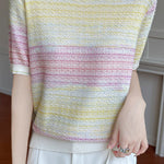 Casual gradient color-block striped short-sleeve knit top - liwisi