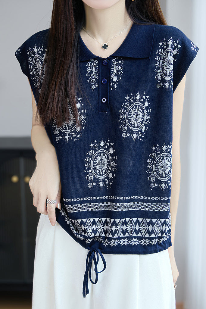 Fashionable knitted jacquard polo top - liwisi