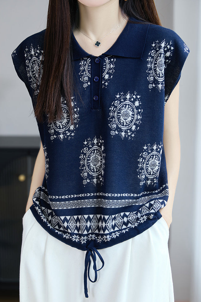 Fashionable knitted jacquard polo top - liwisi