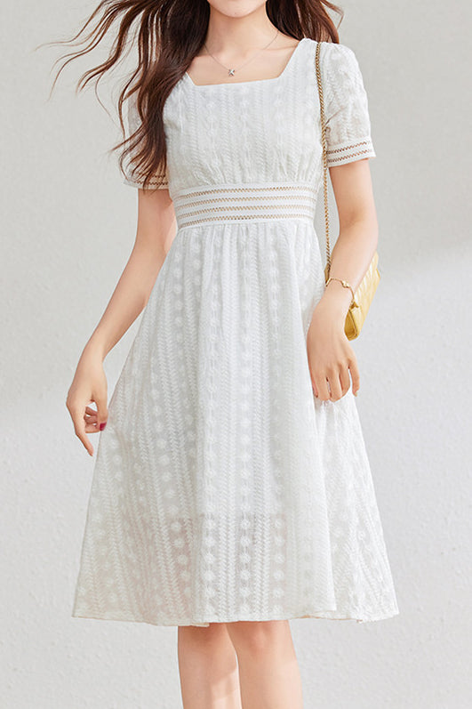 French-style lace hollow square-neck dress - liwisi