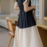 Stylish V-neck color-block tie waist-cinched dress - liwisi