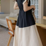 Stylish V-neck color-block tie waist-cinched dress - liwisi