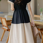 Stylish V-neck color-block tie waist-cinched dress - liwisi