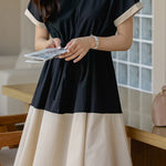 Stylish V-neck color-block tie waist-cinched dress - liwisi