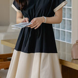 Stylish V-neck color-block tie waist-cinched dress - liwisi