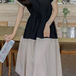 Stylish V-neck color-block tie waist-cinched dress - liwisi