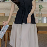 Stylish V-neck color-block tie waist-cinched dress - liwisi