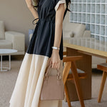 Stylish V-neck color-block tie waist-cinched dress - liwisi