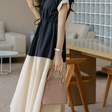 Stylish V-neck color-block tie waist-cinched dress - liwisi