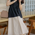 Stylish V-neck color-block tie waist-cinched dress - liwisi