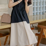 Stylish V-neck color-block tie waist-cinched dress - liwisi