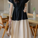 Stylish V-neck color-block tie waist-cinched dress - liwisi