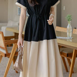 Stylish V-neck color-block tie waist-cinched dress - liwisi