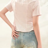 Elegant Fitted Lace Short-Sleeve Shirt - liwisi