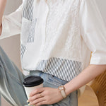Casual Striped Patchwork Embroidered Collar Shirt - liwisi