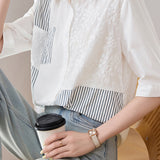 Casual Striped Patchwork Embroidered Collar Shirt - liwisi