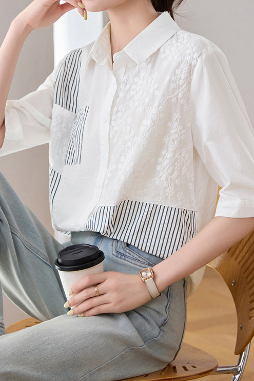 Casual Striped Patchwork Embroidered Collar Shirt - liwisi
